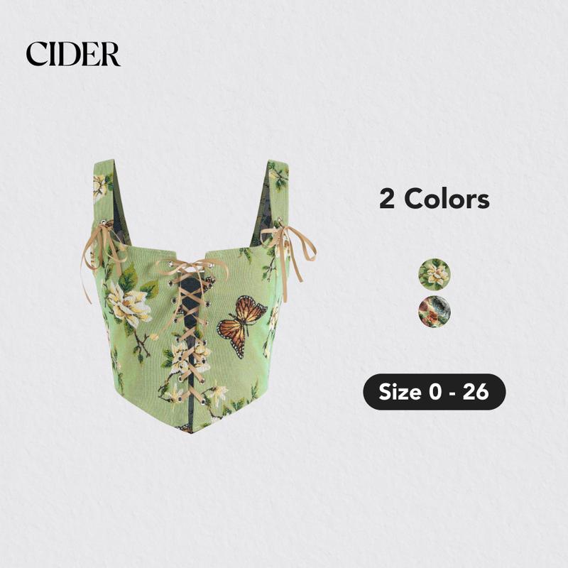 Cider [2 colors, size 0-26] Floral & Butterfly Lace Up Tank Top