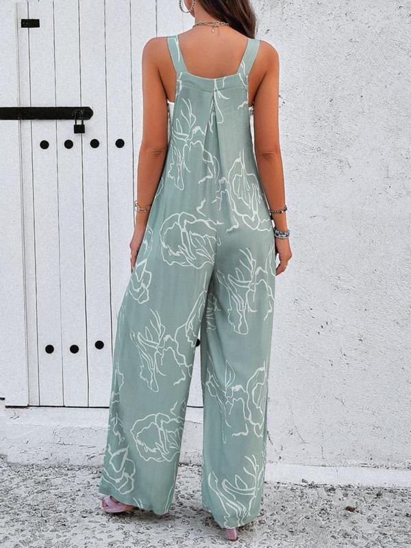 Women's All Over Print Plicated Pocket Wide Leg Jumpsuit, Casual Sleeveless Square Neck Jumpsuit for Summer, Women's Jumpsuit for Daily Wear