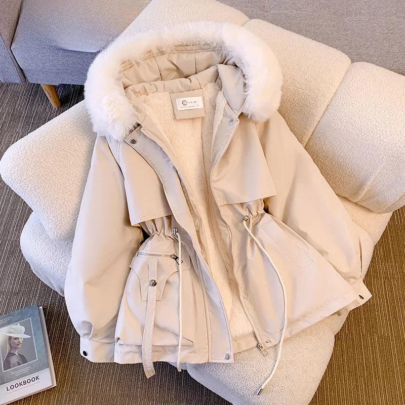 Women's Medium-length Waist-fitted Slimming Hooded Cotton-padded Jacket Warm Fleece Lining Korean Style Autumn winter Coat Women's Funnel Women's Waterproof