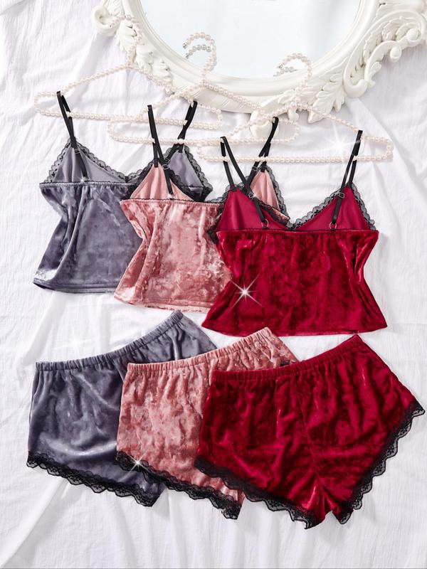 Women's Contrast Lace Velvet Cami Top & Elastic Waistband Shorts Pajama Set, Elegant V Neck Sleeveless Top & Bow Decor Shorts, Women's Sleepwear for Fall & Winter