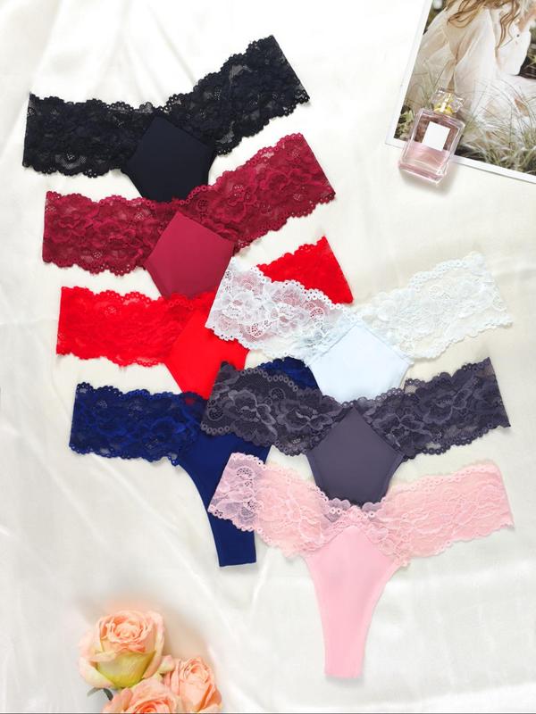 Women's Plain Contrast Lace Thong, Casual Comfy Breathable Drop Waist Panties Set for Daily Wear, Ladies Underwear for All Seasons