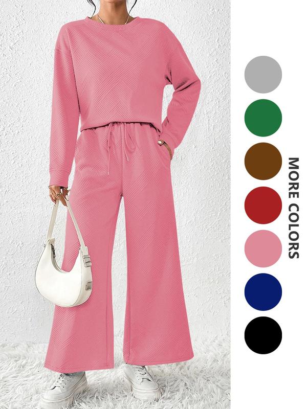 Two-piece Set  Women's Solid Textured Drop Shoulder Pullover & Wide Leg Pants, Casual Fashion Cozy Round Neck Long Sleeve Top & High Waist Trousers for Daily Outdoor Wear, Women's Sweatsuit Set Outfit for Fall & Winter