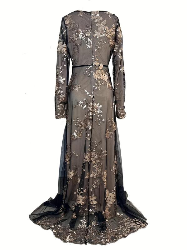 Women's Glitter Floral Sequin Contrast Mesh Tiered Layer Vintage Evening Dress, Zipper Elegant Long Sleeve Round Neck Maxi Dress for Evening Party Gown, Ladies Clothes for All Seasons