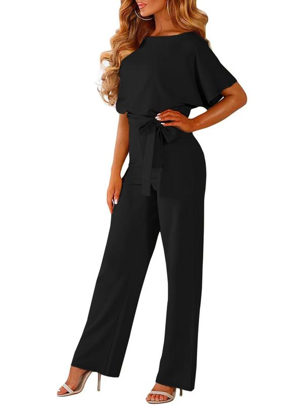 Women's Plain Cut Out Tie Front Batwing Sleeve Jumpsuit, Casual Simple Short Sleeve Straight Leg Romper for Summer, Back To School Fashion Women's Jumpsuit for Daily Wear