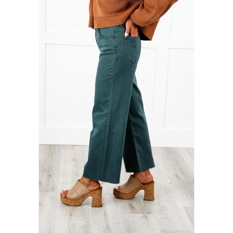 Veret High Rise Green Cropped Wide Leg Jeans