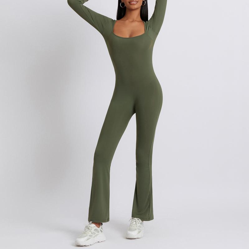 Women Jumpsuit, Long Sleeve Square Neck Solid Slim Fit Ladies Fall Romper Clubwear