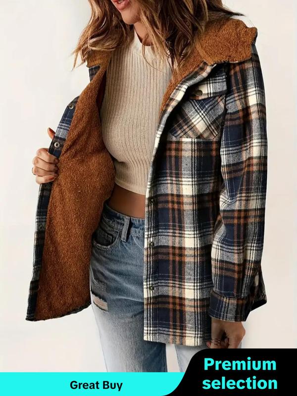 Women's Plaid Print Button Front Hooded Jacket, Casual Drop Shoulder Long Sleeve Outerwear for Fall & Winter, Coats for Winter Women 2024, Ladies Clothes for Daily Wear