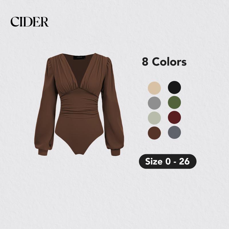 Cider [8 colors, Size 0-26] Jersey V-neck Solid Ruched Bodysuit, High Stretch Trendy Womenswear for Daily Casual & Work