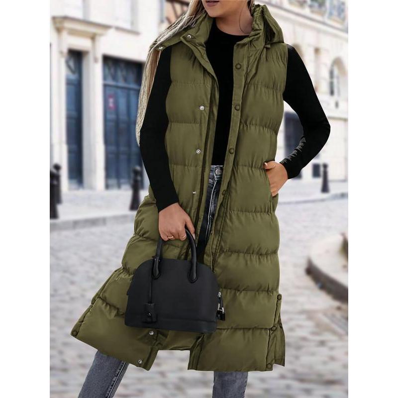 Women's Long Puffer Vest with Quilted Hood and Button Down Closure for Winter Coat 2024 - Tops, Womenswear