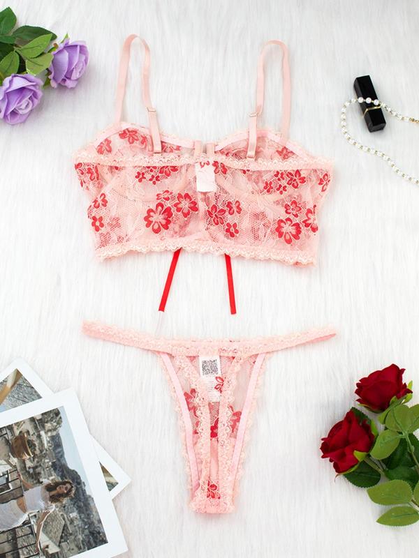 Women's Floral Print Sheer Sexy Lace Lingerie Set, Elegant Bow Decor Underwire Bra & Thong Set, Soft Comfy Breathable Lingerie Set for Women