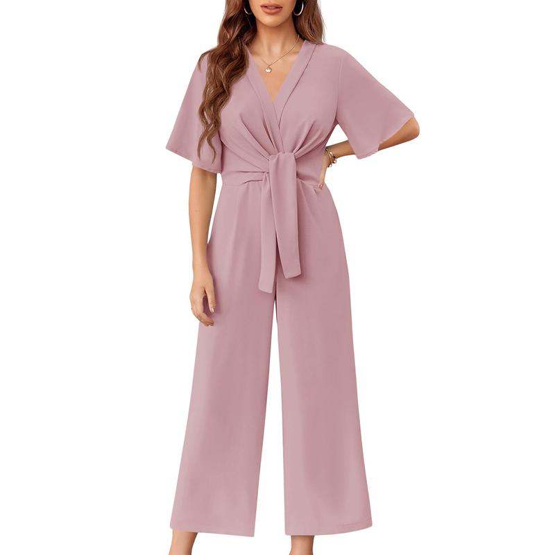 Tankaneo Womens Wide Leg Jumpsuits Short Sleeve Tie Knot Front Summer Long Romper