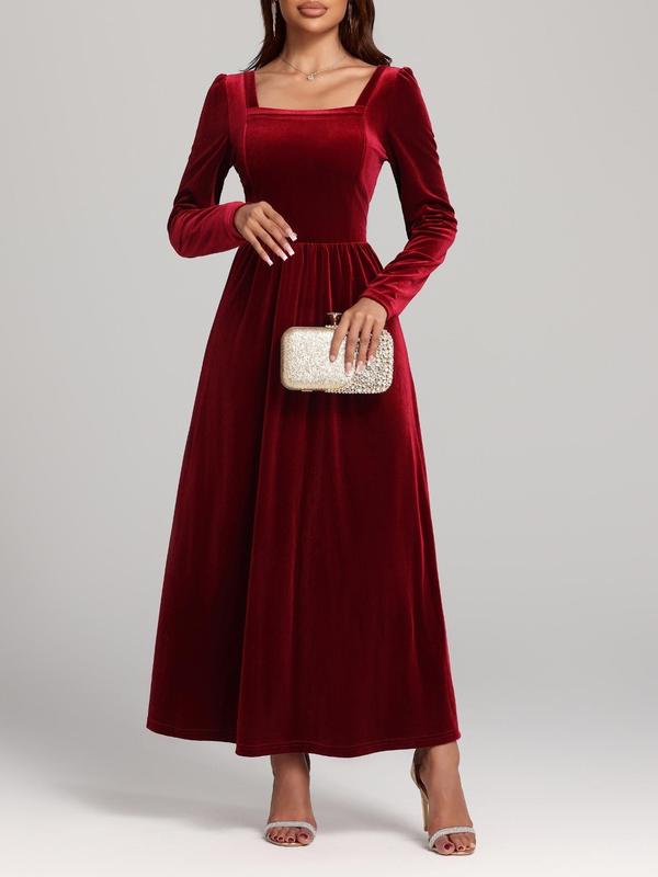 Women's Solid Backless Velvet Dress, Elegant Solid Color Long Sleeve Maxi Dress for Party Holiday Wedding Guest, Ladies Clothes for All Seasons