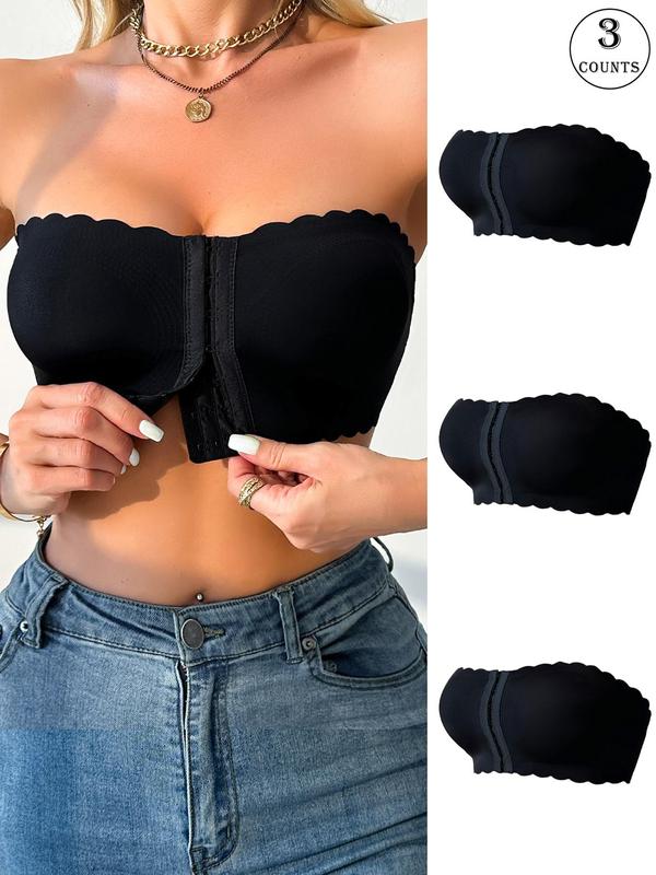 Women's Solid Color Hook & Eye Front Crop Tube Top Bra, Casual Breathable Comfortable Strapless Push Up Bra, Ladies Underwear for All Seasons