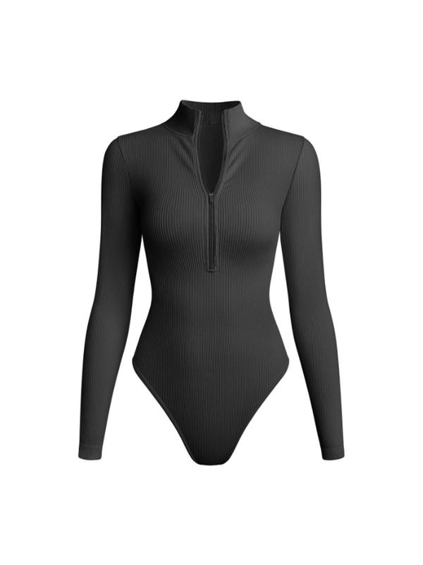 Sporty Women's Solid Color Half Zip Mock Neck Dance Leotards, Sport Button Closure Crotch Long Sleeve Dancing Bodysuit, Ladies Sportswear for All Seasons