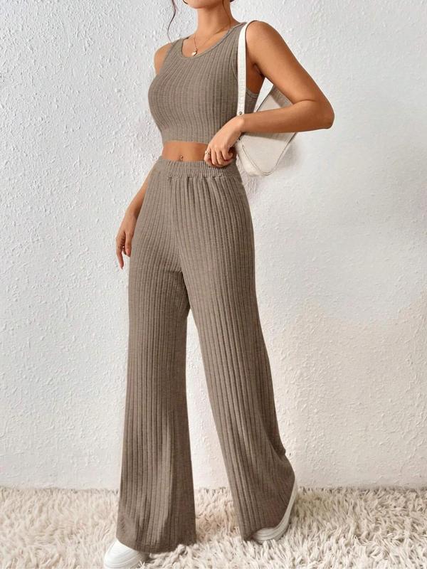 Women's Plain Ribbed Crop Tank Top & Wide Leg Pants Pyjama Set, Casual Comfy Sleeveless Round Neck Crop Top & Elastic Waist Trousers PJ Set, Comfy Loungewear Set for Women