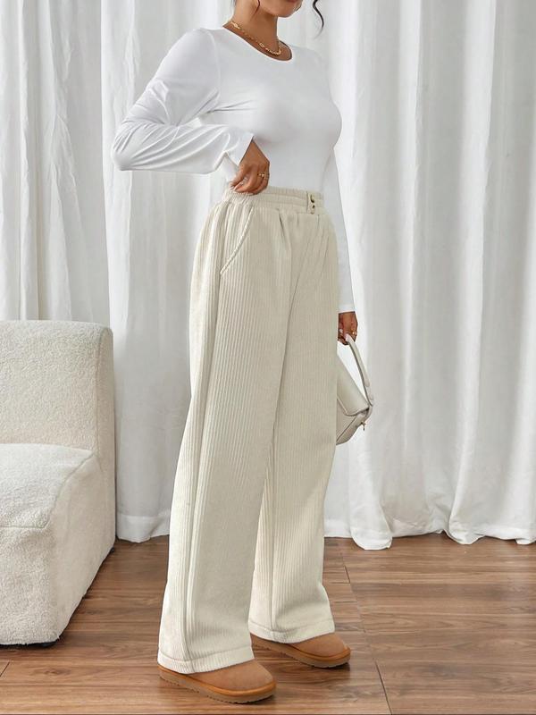 Women's Solid Color Button Pocket Straight Leg Pants, Casual Comfy Elastic Waist Trousers for Fall & Winter, Women's Bottoms for Daily Wear