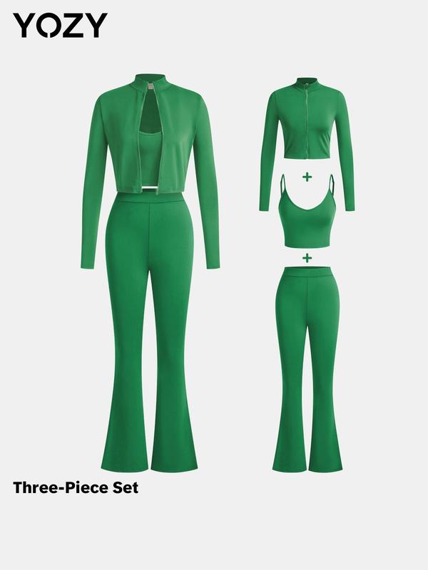 YOZY Three-piece Set Women's Solid Backless Crop Cami Top & Crop Zipper Jacket & Flare Leg Pants, Casual Fashion Adjustable Strap Camisole & Mock Neck Outwear & High Waist Trousers for Daily Outdoor Wear, Ladies Clothes for All Seasons