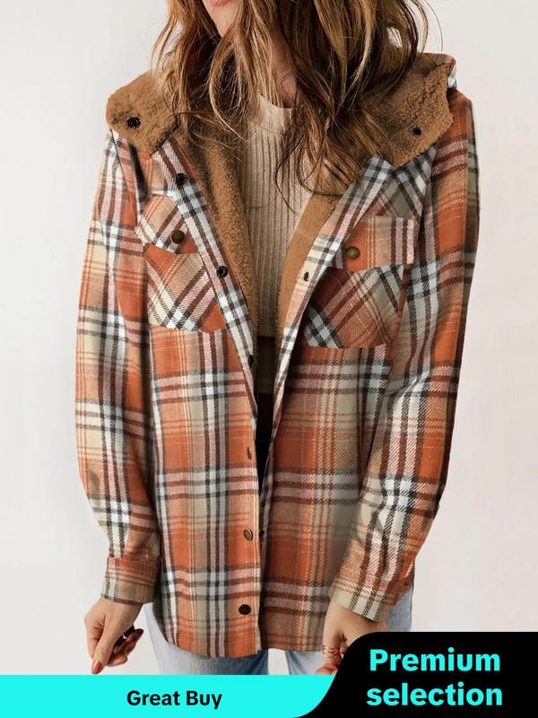 Women's Plaid Print Button Front Thermal Lined Hooded Coat, Fall Outfits, Casual Long Sleeve Pocket Outerwear for Winter, Ladies Clothes for Daily Wear