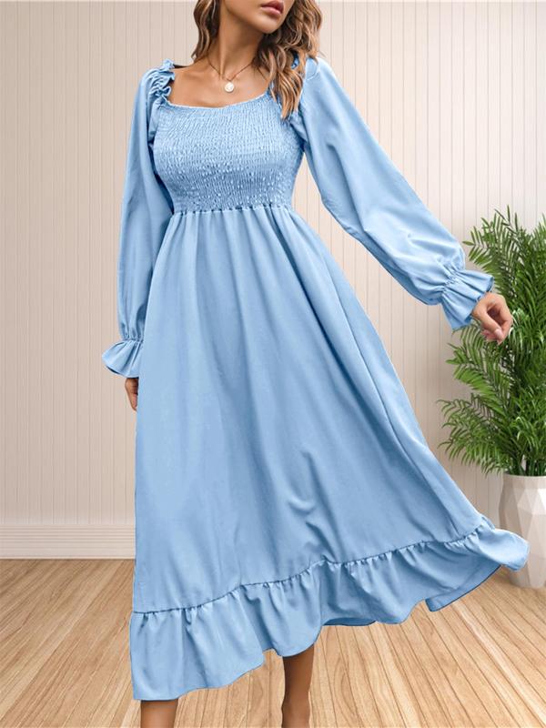 Plain Frill Trim Shirred Ruffle Trim A Line Dresses for Women, Elegant Long Sleeve Square Neck Long Dress for Party Holiday Wedding Guest, Birthday Dresses 2024, Ladies Fall & Winter Clothes, Dresses for Women, Wedding Guest Dress, Fall Clothing Women