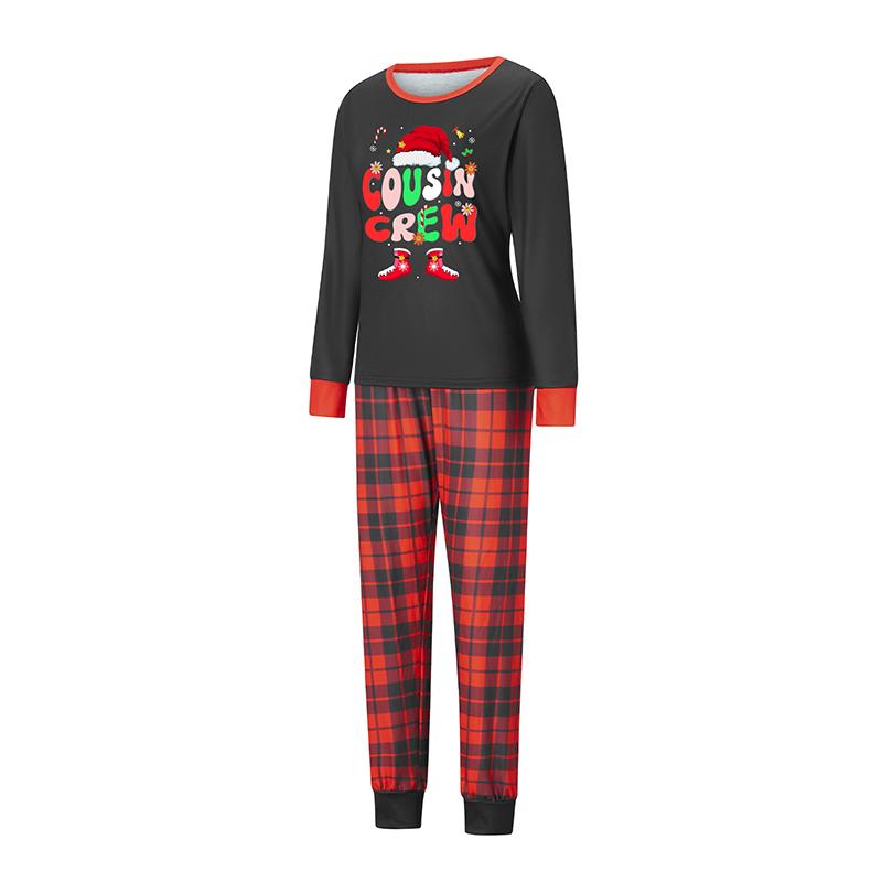 Black Red Matching Christmas Pajamas For Family Letter Santa Hat Print Long Sleeve Tops and Black Red Plaid Pants Sleepwear