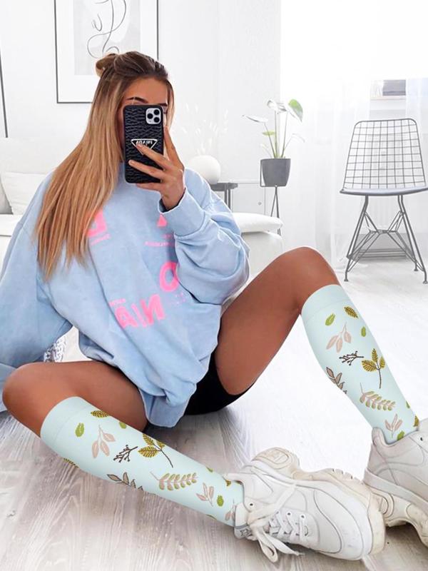 Women's Floral Print Over The Calf Socks, Breathable Comfortable Socks for Daily Wear, Ladies Socks for All Seasons