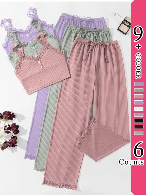 Women's Plain Contrast Lace Summer Pyjama Set, Casual Buttons Cami Top & Drawstring Waist Pants, Lady Pajamas, Womenswear Homewear, Summer Outfits 2024