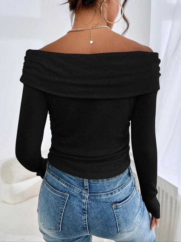 Women's Plain Ruched Off Shoulder Tee, Casual Top, Long Sleeve T-Shirt for Spring & Fall, Women's Clothing for Daily Wear