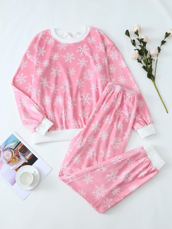 Two-Piece Set Women's Christmas Print Long Sleeve Top & Pants Plush Pajama Set, Casual Comfy Round Neck Top & Trousers Thermal PJ Set, Women's Sleepwear for Fall & Winter