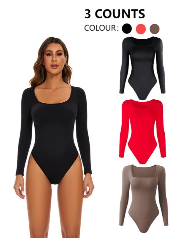 Women's Solid Long Sleeve Square Neck Shapewear Bodysuit, Casual Comfy Tummy Control Butt Lift Shaper, Ladies Shapewear for Daily Wear