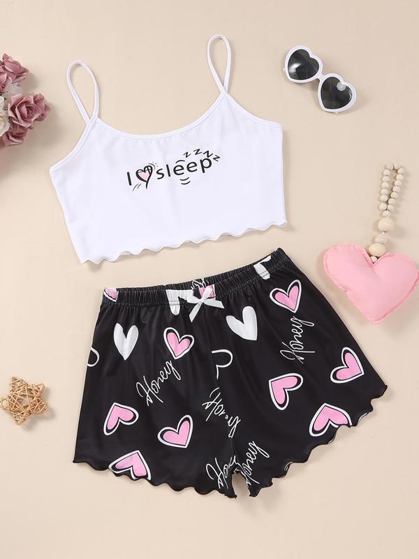 Two Four Pieces Women's Heart Print Scallop Crop Sleeveless Cami Top & Bow Decor Shorts Pj Co-ord Set for Home Wear, Pajama Sets Women, Cute Nightwear Homewear Pjs for Lady, Summer Wear, Pjs Homewear Birthday Wear Black Girl