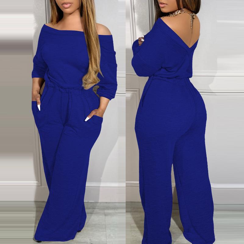 Chicme Off Shoulder V-Back Stretchy Waist Pocket Design Jumpsuit Comfortable Womenswear