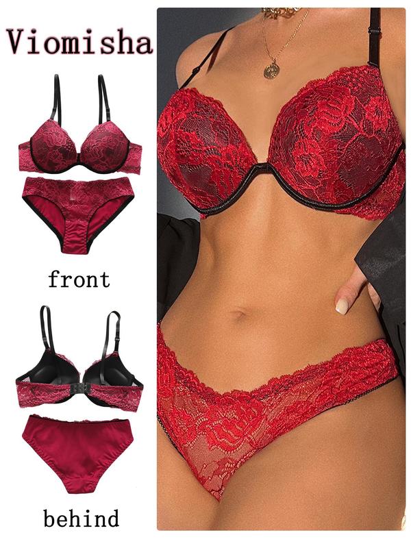 Two-Piece Set Women's Contrast Lace Push Up Bra & Panty Set, Breathable Adjustable Lace Lingerie Set, Two-Piece Lingerie Set for Women Daily Wear