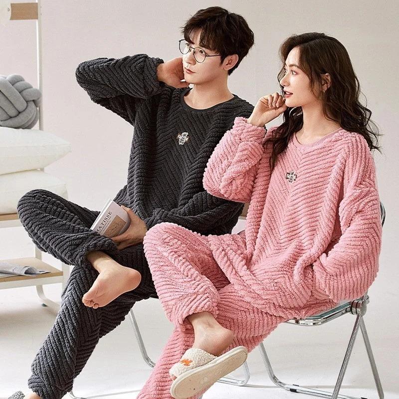 Winter Warm Cute Cartoon Pajamas Couple Set Women Coral Fleece Flannel Men's Home Wear