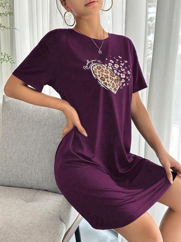 Women's Leopard Heart Print Round Neck Tee Nightdress, Casual Comfortable Short Sleeve Nightgown for Daily Home Wear, Ladies Sleepwear for All Seasons