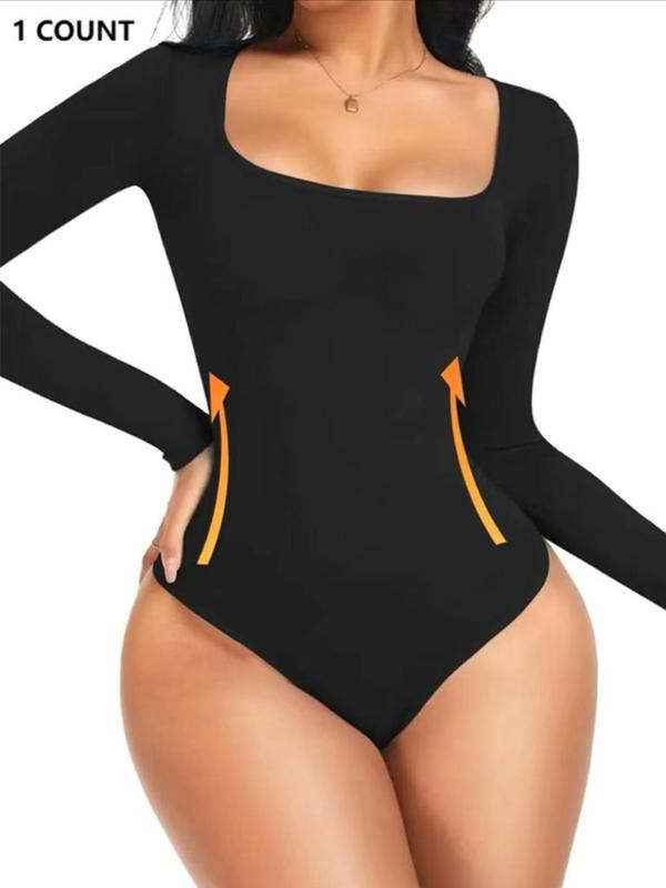 Women's Solid Long Sleeve Square Neck Shapewear Bodysuit, Casual Comfy Tummy Control Butt Lift Shaper, Ladies Shapewear for Daily Wear