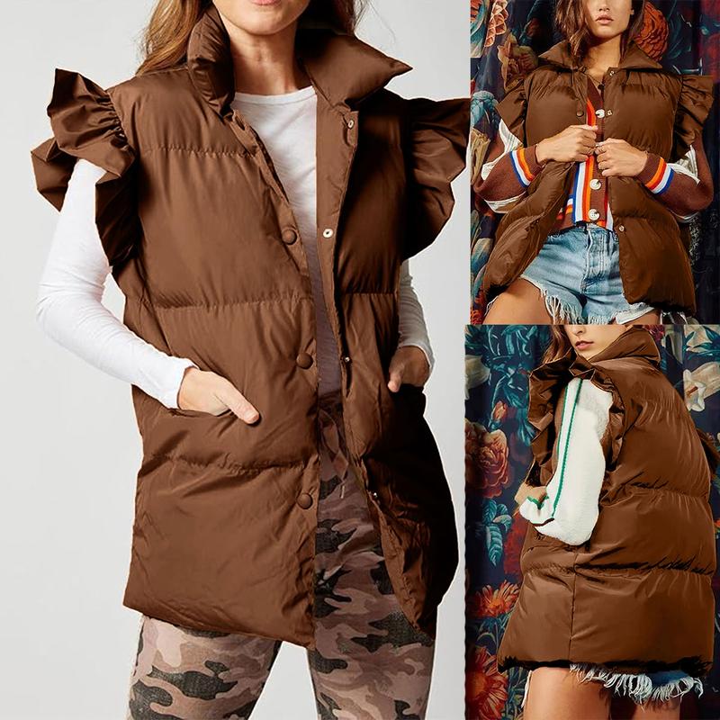 Ommig Puffer Vest Women Ruffle Sleeve Button Down Padded Quilted Puffy Jacket Coat Outwear