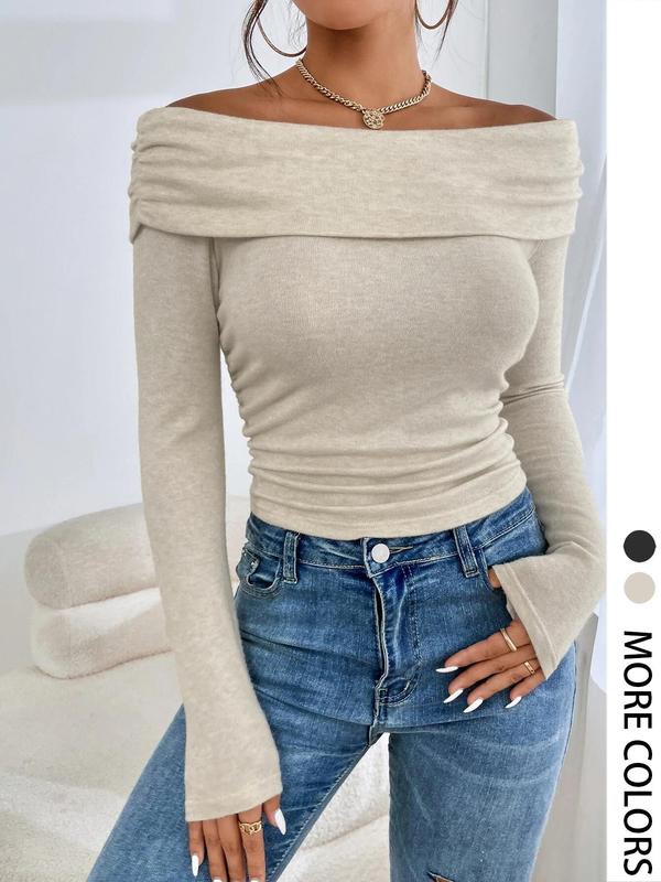 Women's Plain Ruched Off Shoulder Tee, Casual Top, Long Sleeve T-Shirt for Spring & Fall, Women's Clothing for Daily Wear