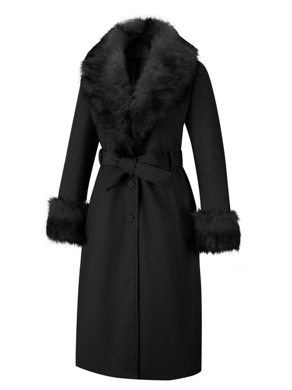 Women's Solid Button Front Belted Faux Fur Trim Wool & Pea Coat, Casual Long Sleeve Pocket Outerwear with Fur Collar, Winter Clothes Women 2024, Women's Clothing for Fall & Winter