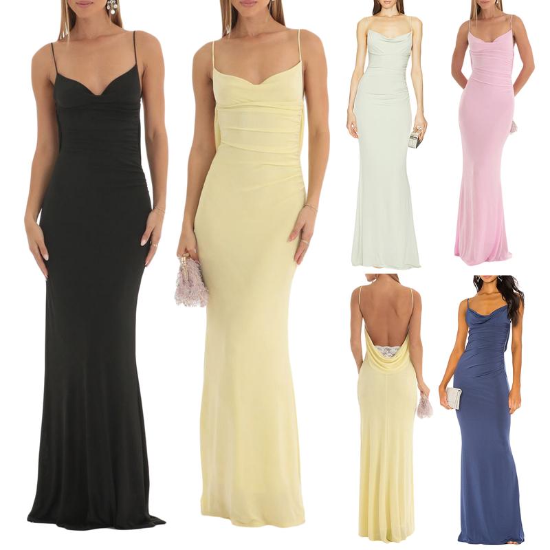 Women Spaghetti Strap Maxi Dress Elegant Backless Bodycon Cami Dress Y2K Evening Party Long Dress