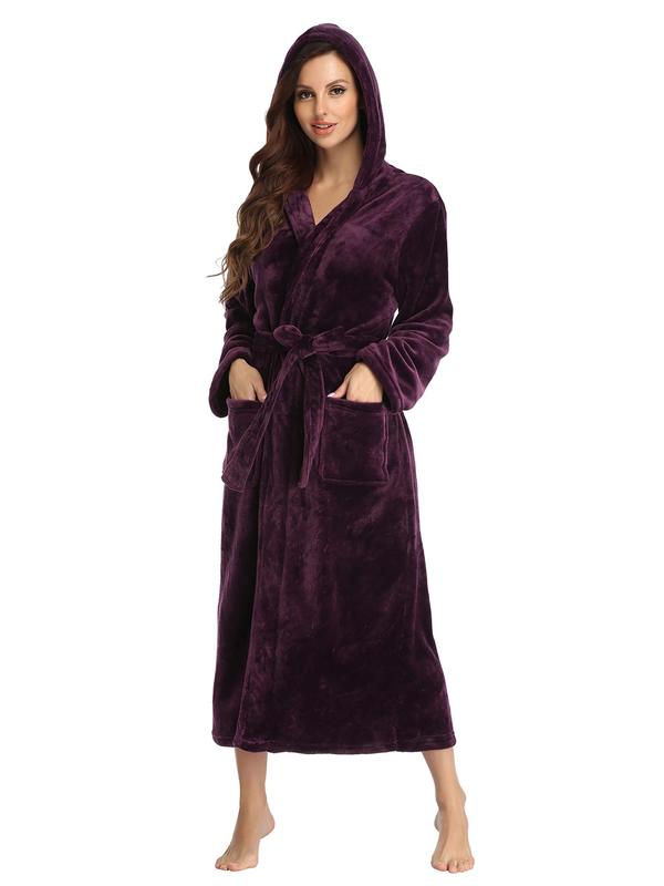 Women's Solid Drop Shoulder Belted Hooded Flannel Robe, Casual Long Sleeve Pocket Design Bathrobe, Ladies Fall & Winter Sleepwear, Fall Wear, Fallfreshness