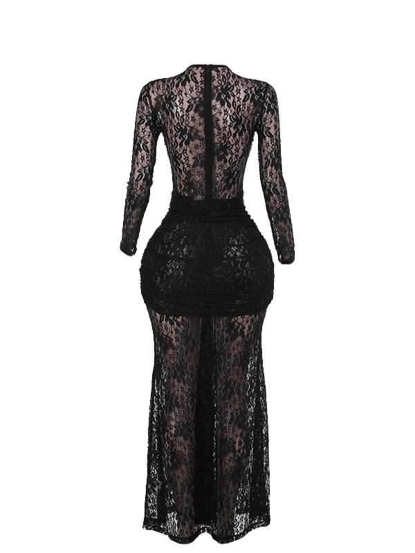 Women's Ruched Sheer Floral Lace Bodycon Dress, Elegant Long Sleeve Round Neck Maxi Dress for Party Holiday Wedding Guest, Ladies Fall & Winter Clothes