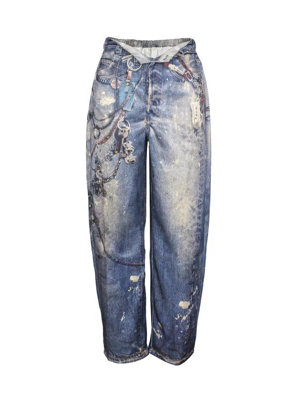 Women's Denim-effect Print Button Fly  Straight Leg Pants, Casual Pocket Denim-effect Print Trousers for Daily Wear, Ladies Bottoms for All Seasons