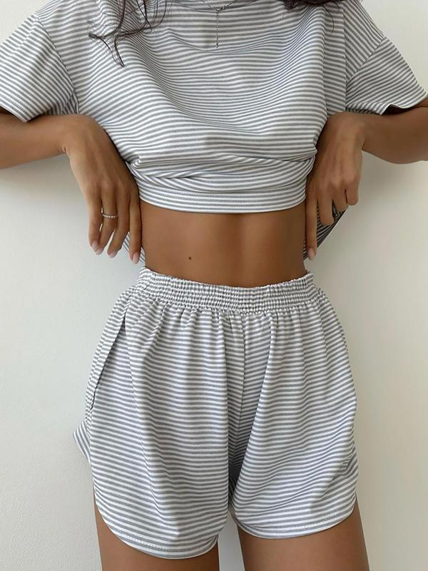 Women's Striped Print Drop Shoulder Tee & Elastic Waist Shorts Set, Casual Comfy Round Neck Short Sleeve T-shirt & High Waist Wrap Shorts, Ladies Summer Clothes