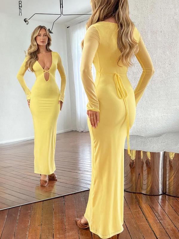 Women's Plain Criss Cross Cut Out Tie Back Bodycon Dress in 2 Ways, Elegant Deep V Neck Long Sleeve Evening Party Gown, Ladies Spring & Fall Clothes