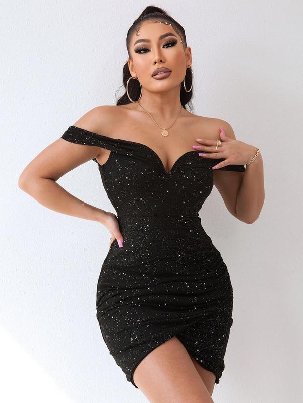 Women's Glitter Sequin off Shoulder Ruched Wrap Sleeveless Bodycon Dress, Summer Clothes Women, Chic Elegant Sparkly Mini Party Evening Gown, Ladies Summer Clothes, Lady Formal Wear, Comfort Basic Minimalist Womenswear