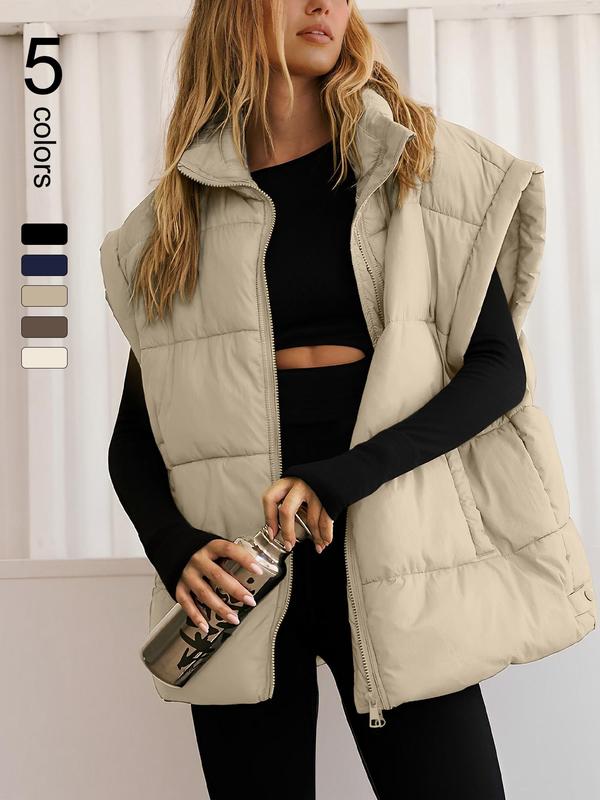 Sporty Women's Solid Color Zip Up Drop Shoulder Vest Coat, Casual Sporty Pocket Sleeveless Stand Collar Outerwear for Fall & Winter, Ladies Sportswear for Indoor Outdoor Wear