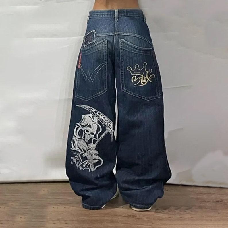 Y2K Hip Hop Street Oversized Jeans, Grunge Death Print Baggy Jeans, Skull Embroidered Jeans, Y2K Jeans, Plus Size jeans