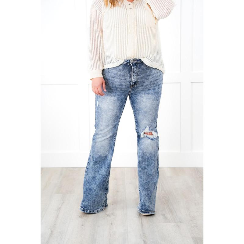 Risen High Rise Medium Acid Wash Distressed Flare Jeans