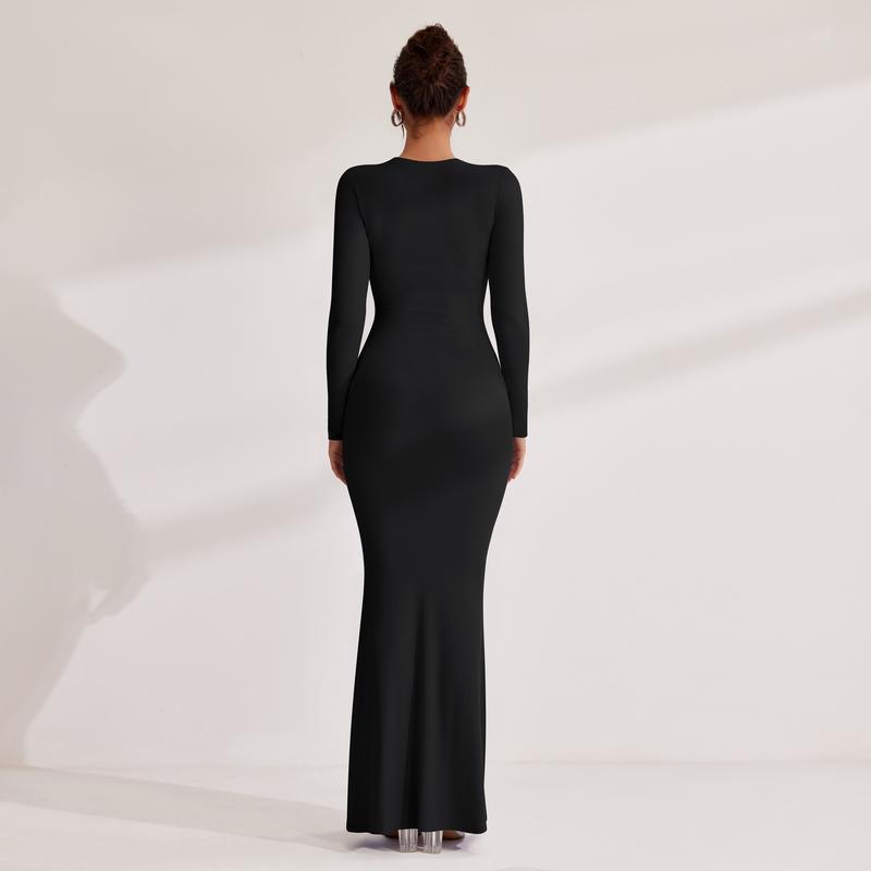 REORIA Women's Sexy Crew Neck Lounge Long Dress Elegant Long Sleeve Ribbed Bodycon Maxi Dresses Fall Winter Layer Casual Fabric Womenswear Jacket