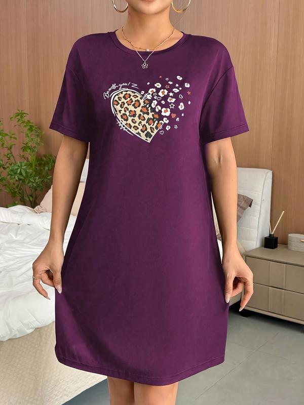 Women's Leopard Heart Print Round Neck Tee Nightdress, Casual Comfortable Short Sleeve Nightgown for Daily Home Wear, Ladies Sleepwear for All Seasons